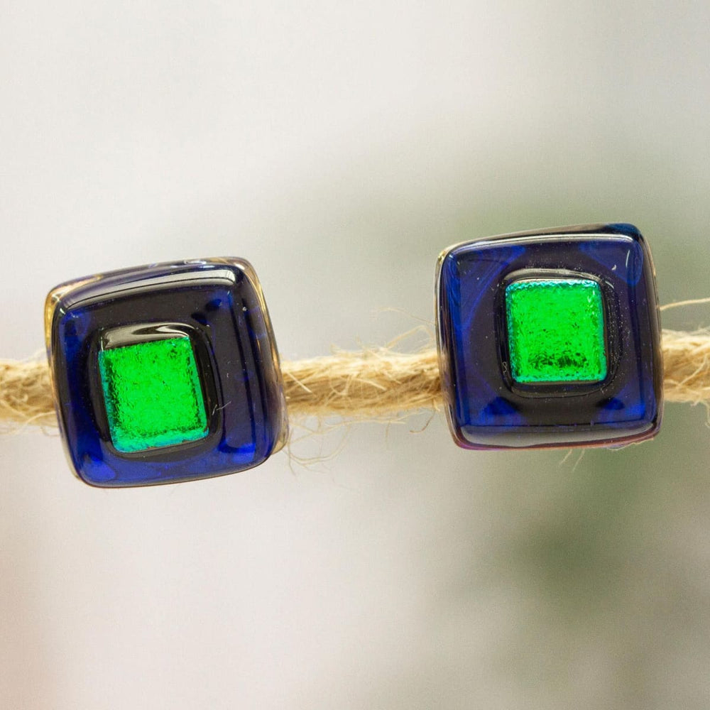 Novica Blue & Green Dichroic Fused Glass Mosaic Stud Earrings - By Novica