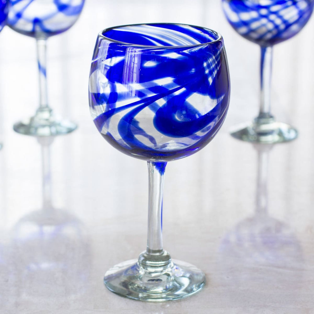 Novica Blue Ribbon Handblown Wine Glasses (set Of 6) - By Novica