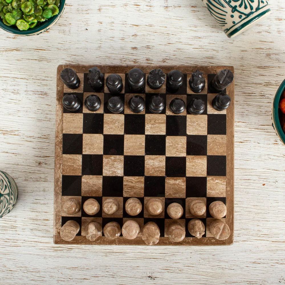 Novica Brown Challenge Marble Chess Set (5 In.) - By Novica