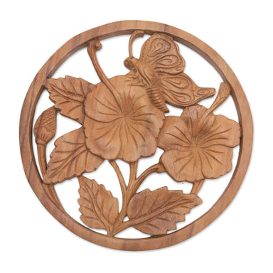 Novica Butterfly On a Flower Wood Relief Panel - By Novica