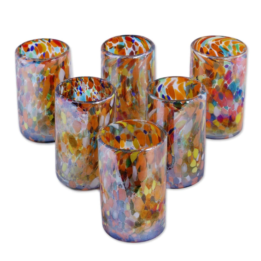 Six Water Glasses Handblown Recycled Glass Drinkware Mexico - Tall
