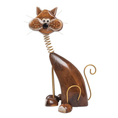 Novica Chocolate Cat Wood Statuette - By Novica