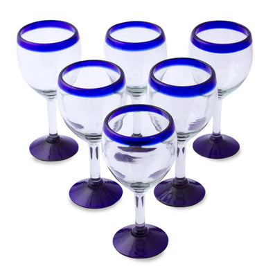 Novica Cobalt Contrasts Blown Glass Wine Goblets (set Of 6) - By Novica
