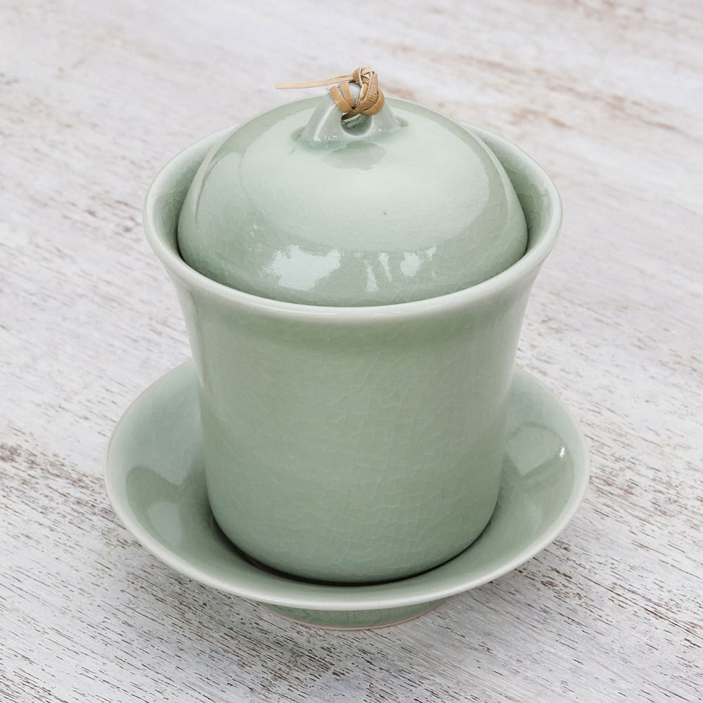 Novica Cup Of Comfort In Green Celadon Ceramic Soup With Lid And Saucer - By Novica