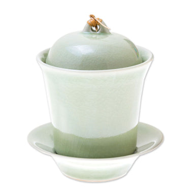 Novica Cup Of Comfort In Green Celadon Ceramic Soup With Lid And Saucer - By Novica