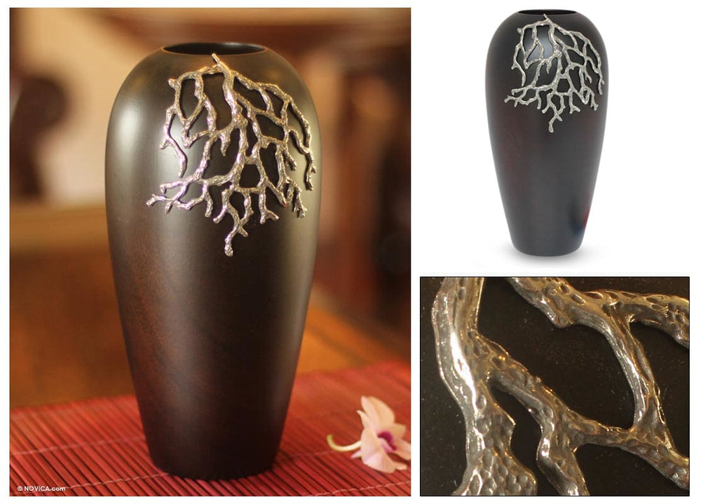Novica Coral Reef Mango Wood And Pewter Vase - By Novica