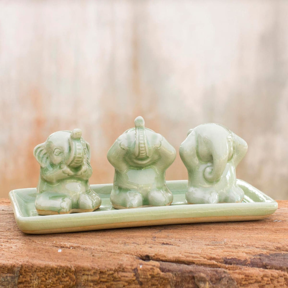 Elephant Salt and Pepper Set in Aqua Celadon (3 Pieces) - Cheeky Elephants  in Aqua