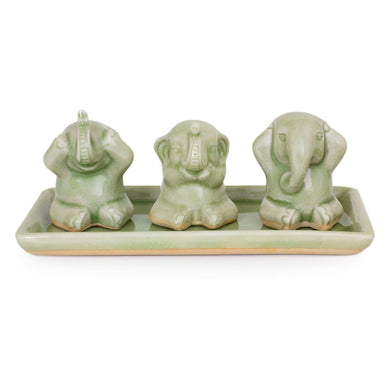 Novica Elephant Life Lessons Celadon Ceramic Figurines (set Of 3) - By Novica