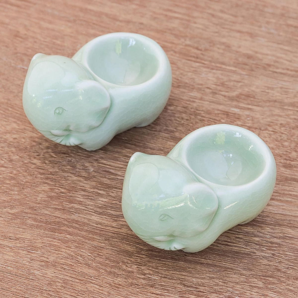 Novica Elephant Sisters Celadon Ceramic Egg Cups (pair) - By Novica