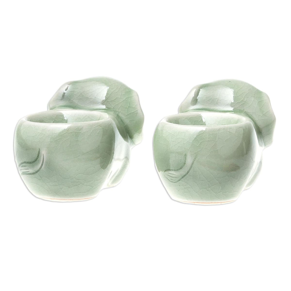Novica Elephant Sisters Celadon Ceramic Egg Cups (pair) - By Novica