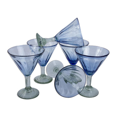 Novica Fiesta Azul Hand Blown Martini Glasses (set Of 6) - By Novica