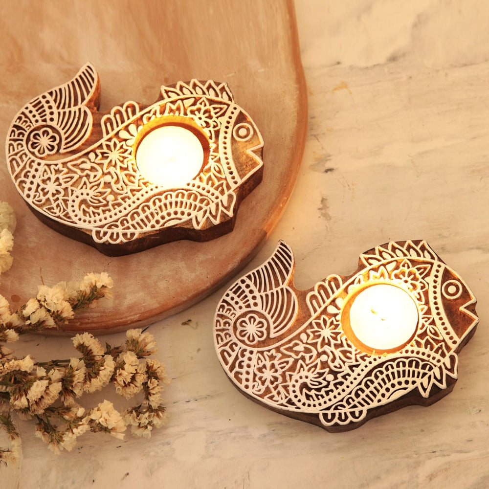 Novica Finned Friends Wood Tealight Candle Holders (pair) - By Novica