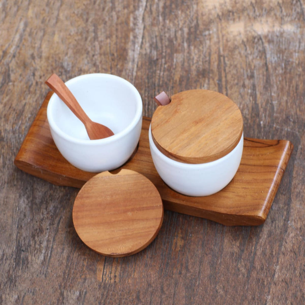 Novica Flavor Duo In White Ceramic And Teak Wood Condiment Set - By Novica