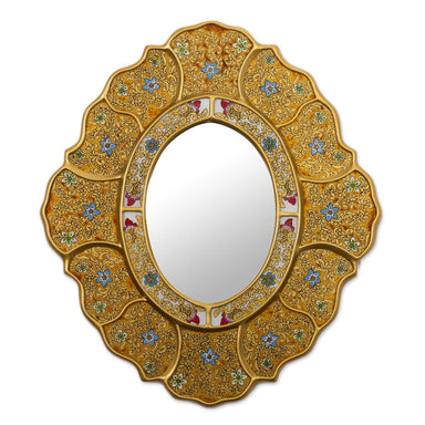 Novica Floral Gold Reverse-painted Glass Wall Mirror - By Novica