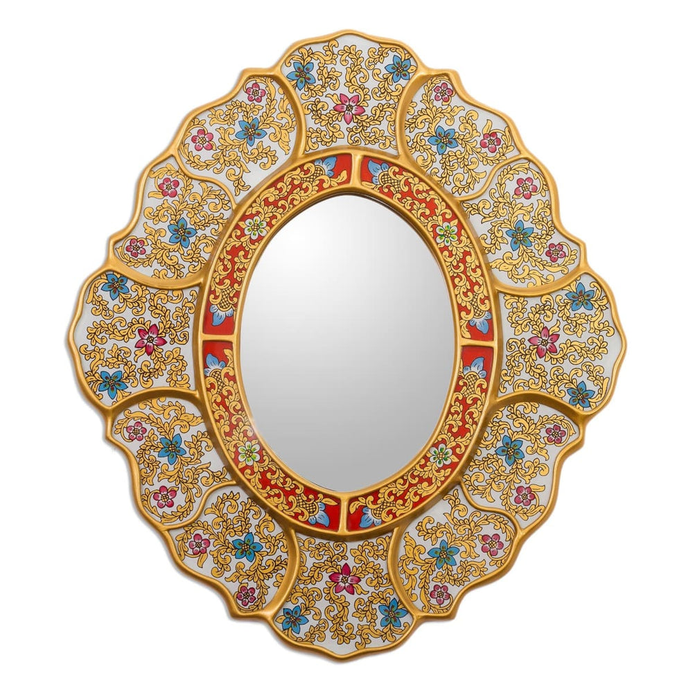 Novica Floral White Reverse-painted Glass Wall Mirror - By Novica