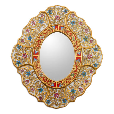 Novica Floral White Reverse-painted Glass Wall Mirror - By Novica