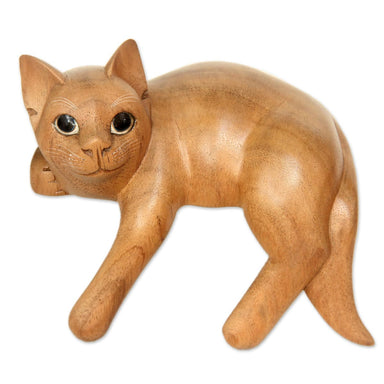 Novica Ginger Cat Relaxes Wood Sculpture - By Novica