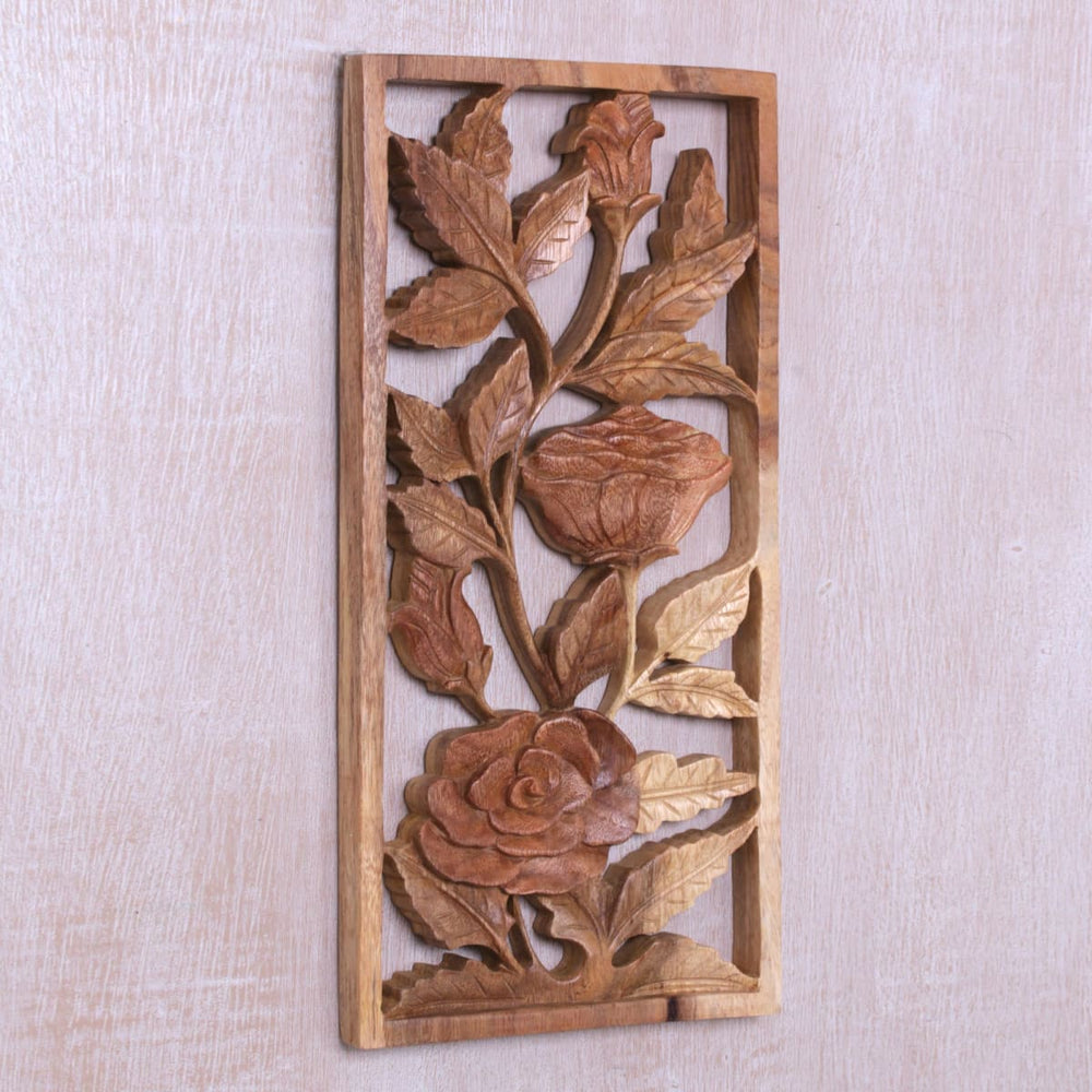 Novica Graced By Roses Wood Relief Panel - By Novica