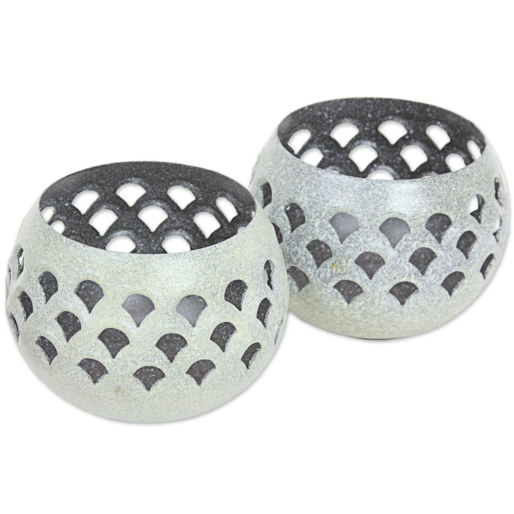 Novica Green Jali Lattice Steel Tealight Holders (pair) - By Novica