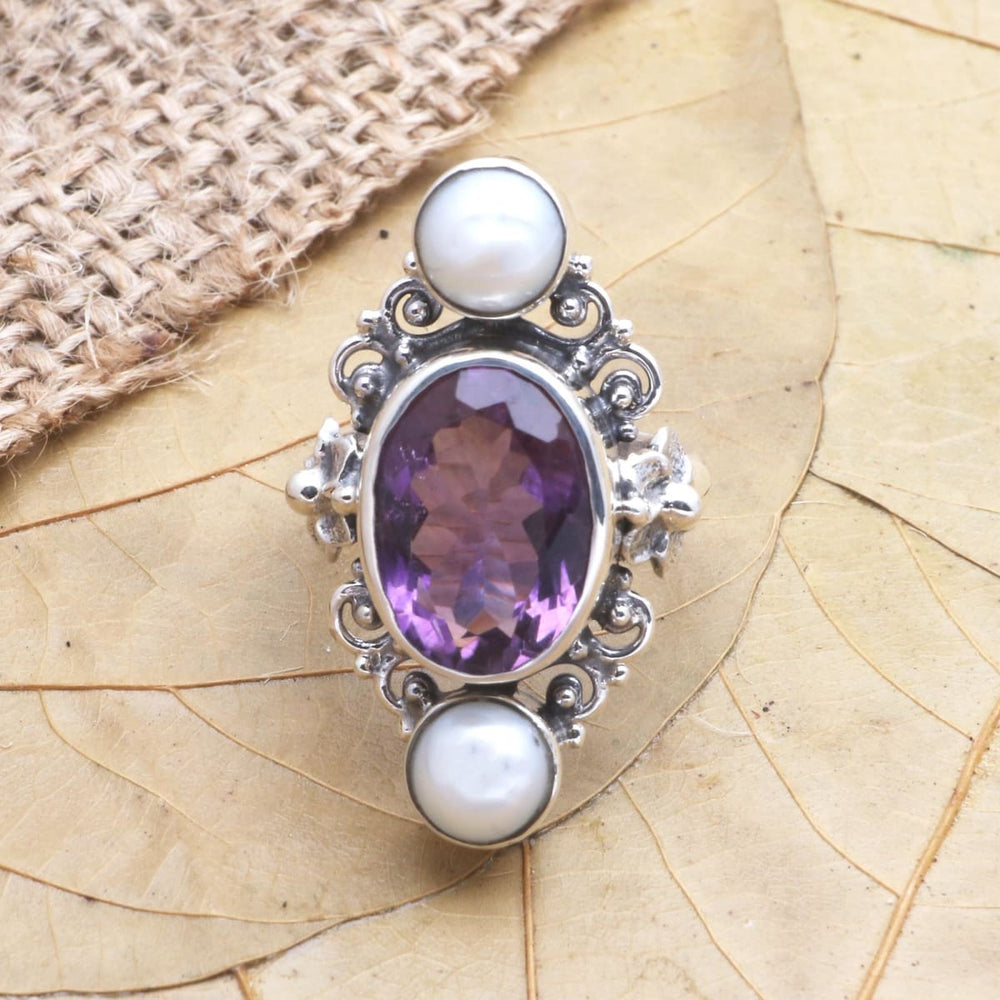 Novica Handmade Frangipani Queen Cultured Pearl And Amethyst Ring - By Novica