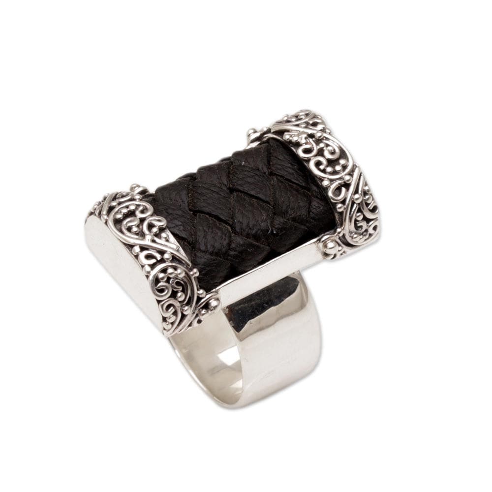 Novica Handmade Strength And Grace Leather Sterling Silver Cocktail Ring - By Novica
