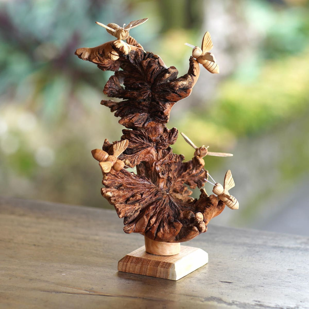 Novica Honey Bees Buzzing Wood Statuette - By Novica