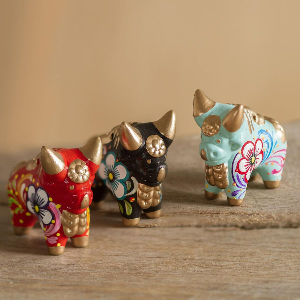 Novica Little Pucara Bulls Ceramic Figurines (set Of 3) - By Novica