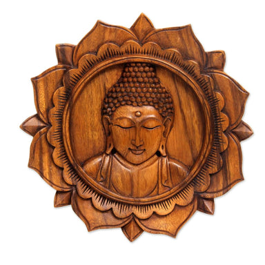 Novica Lotus Buddha Wood Relief Panel - By Novica