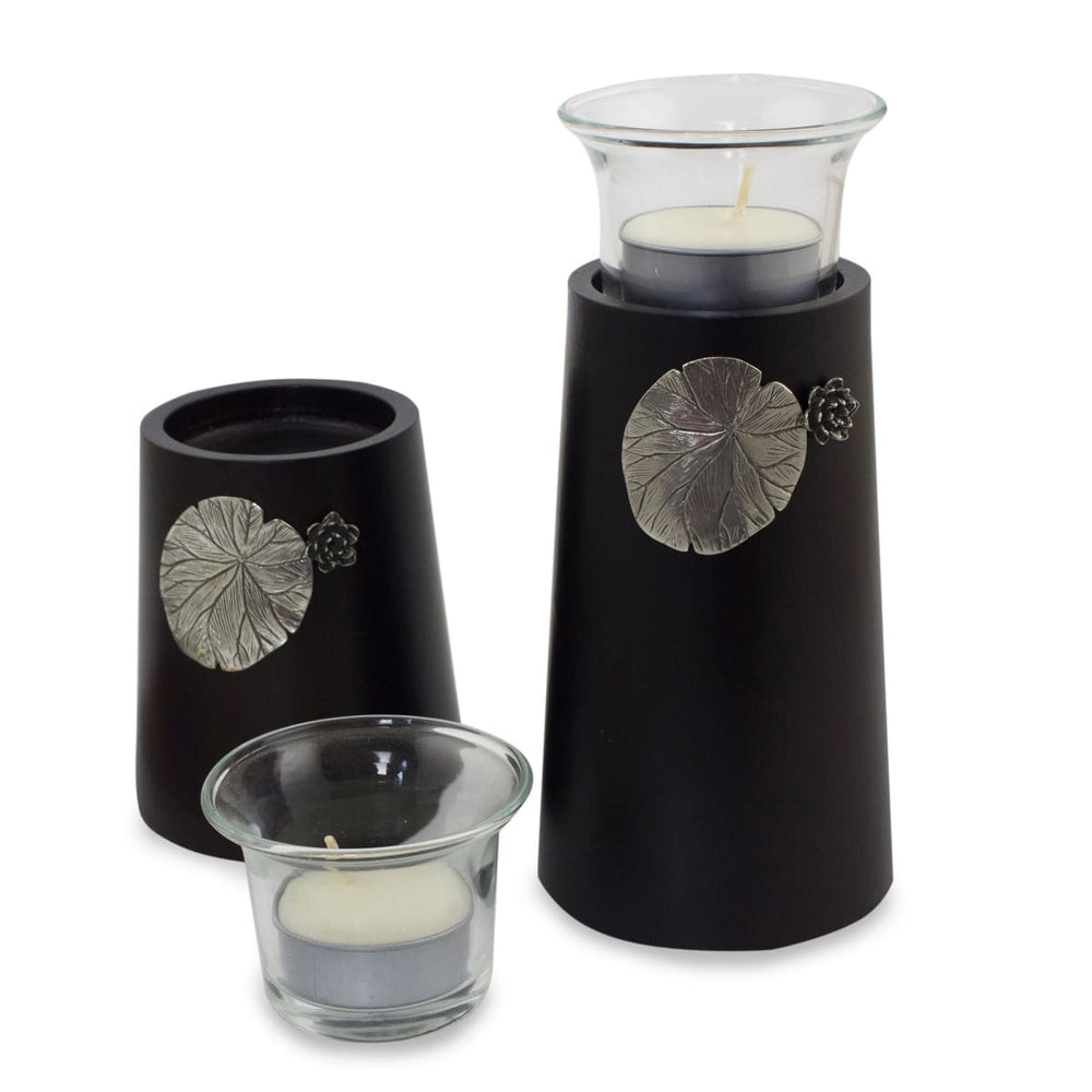 Novica Lotus Light Wood And Pewter Candleholders (pair) - By Novica