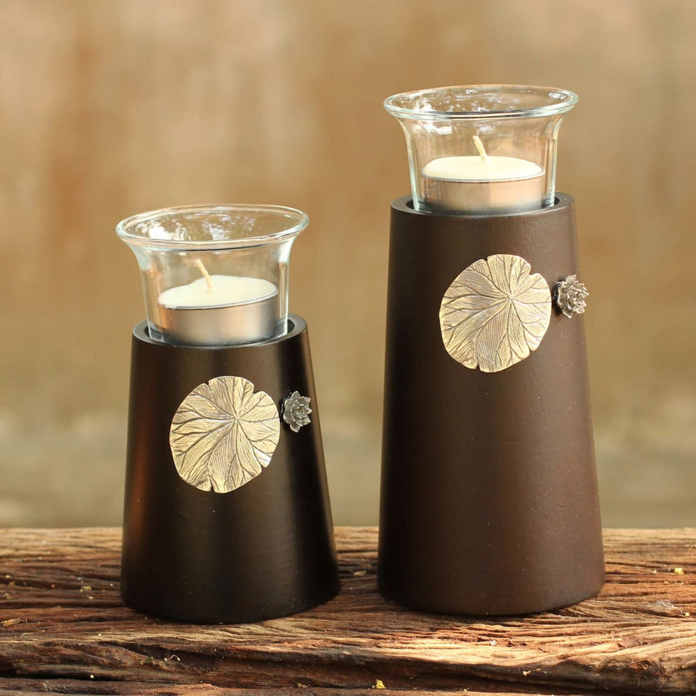 Novica Lotus Light Wood And Pewter Candleholders (pair) - By Novica