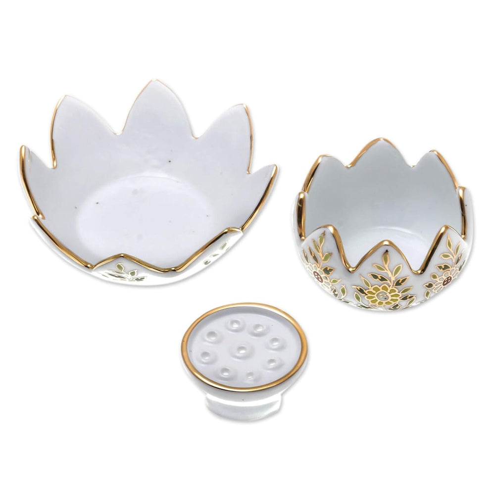 Novica Lotus Scent Benjarong Porcelain Incense And Candle Holder (3 Piece) - By Novica