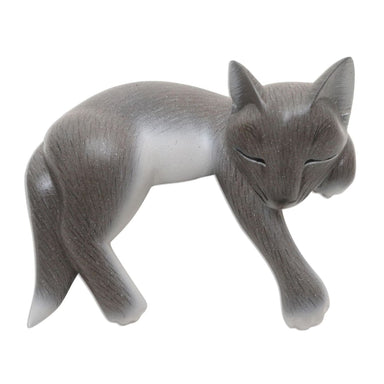 Novica Lounging Cat In Grey Wood Statuette - By Novica