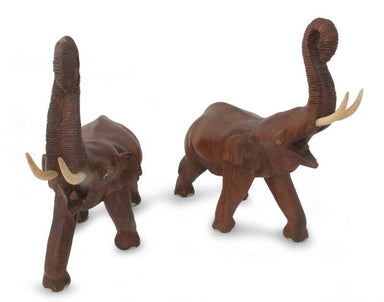 Novica Lucky Thai Elephants Wood Statuettes (pair) - By Novica