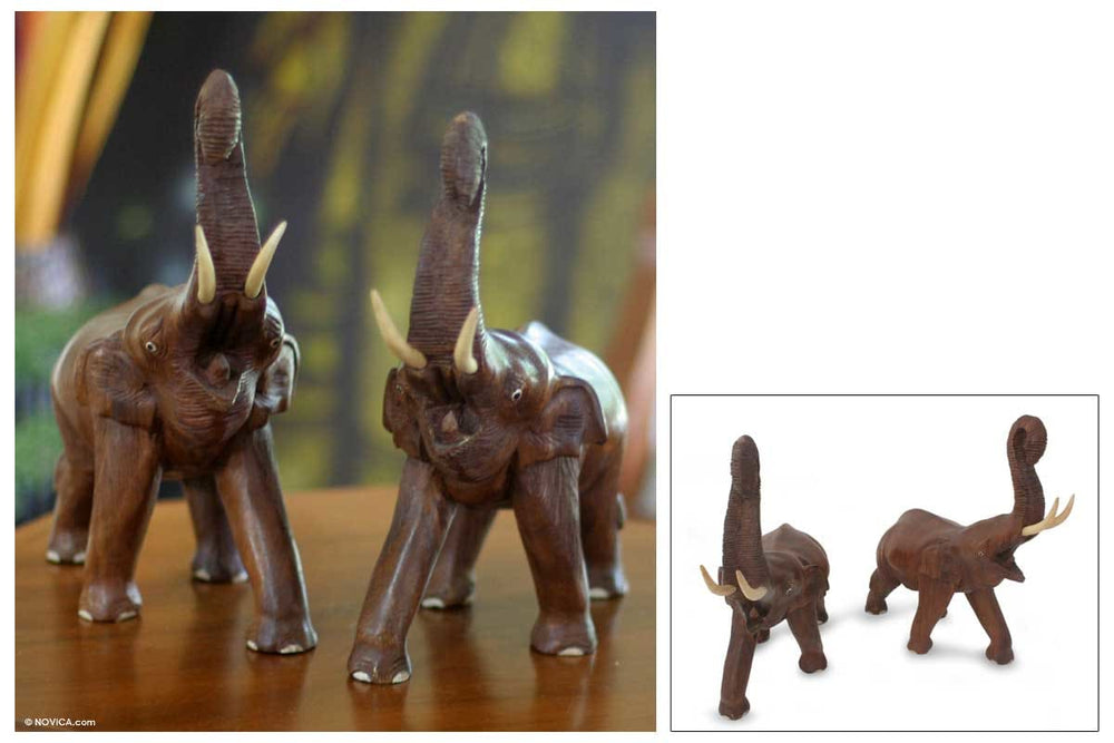 Novica Lucky Thai Elephants Wood Statuettes (pair) - By Novica