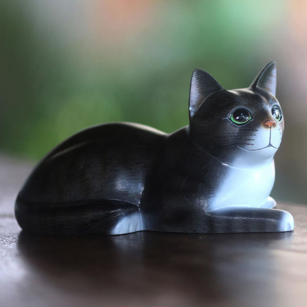 Novica Lying Cat In Grey Wood Sculpture - By Novica