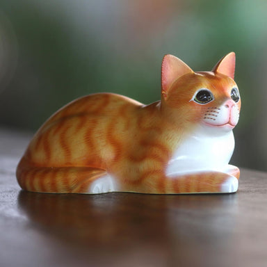 Novica Lying Cat In Orange Wood Sculpture - By Novica