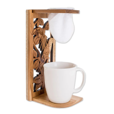 Novica Macaw Beverage Teak Wood Single-serve Drip Coffee Stand - By Novica