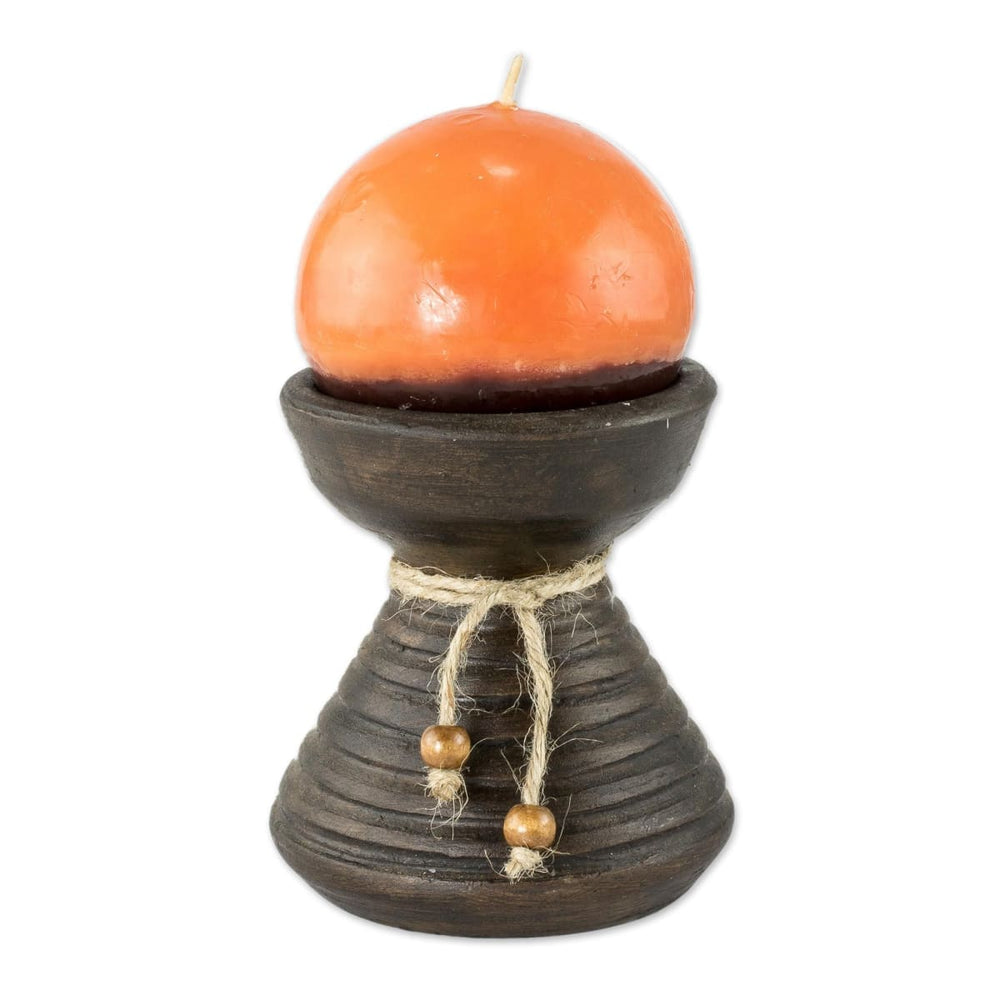 Novica Natural Light In Orange Ceramic Candleholder With Candle - By Novica