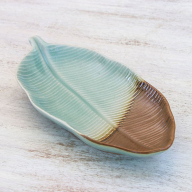 Novica Nature Is Present Celadon Ceramic Platter - By Novica