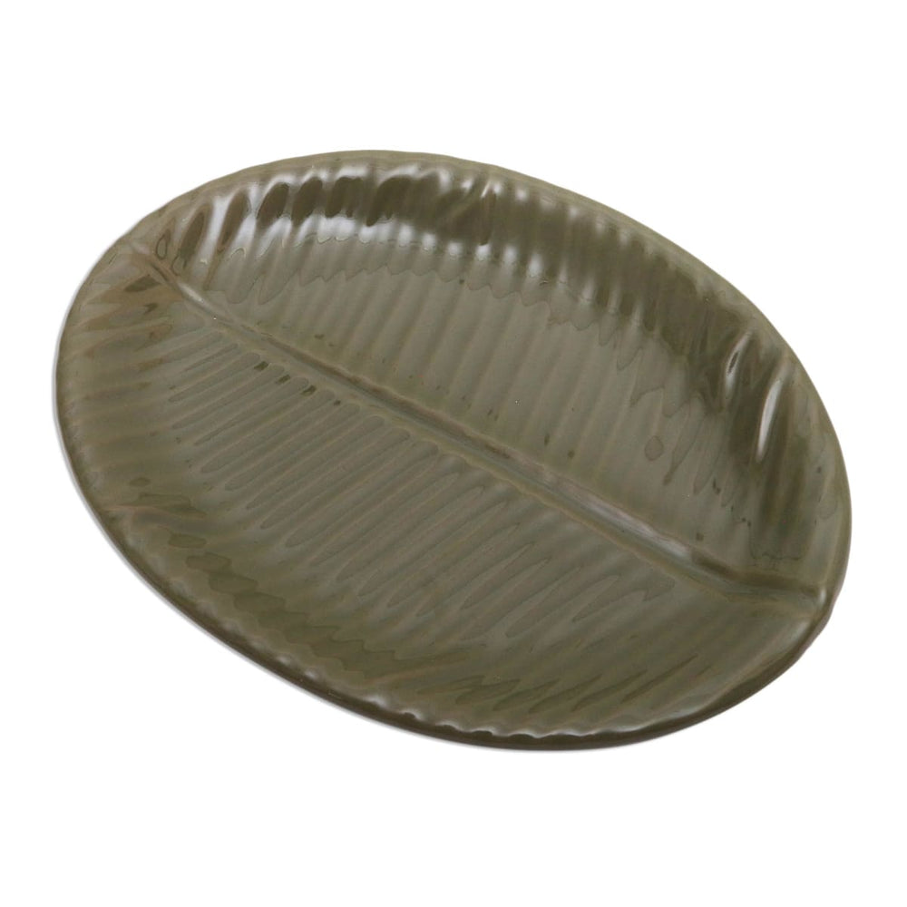 Novica Oval Banana Leaf Stoneware Ceramic Serving Platter - By Novica