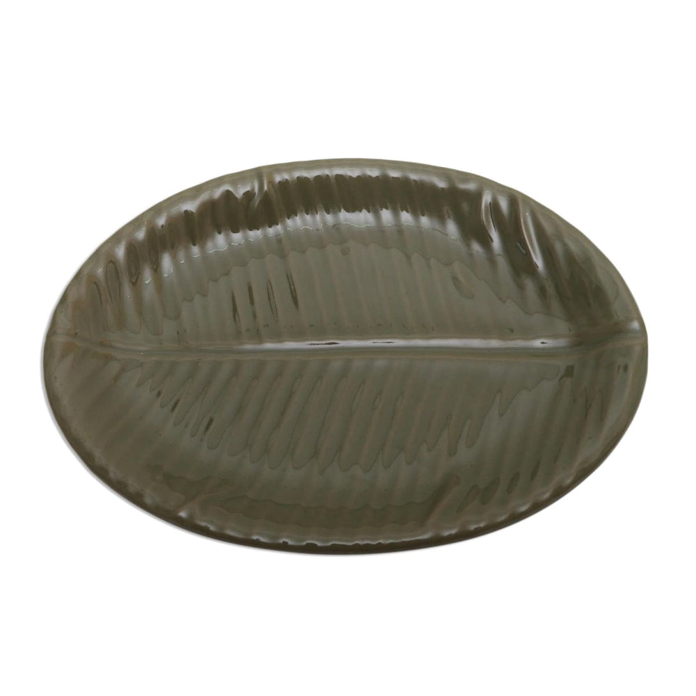 Novica Oval Banana Leaf Stoneware Ceramic Serving Platter - By Novica