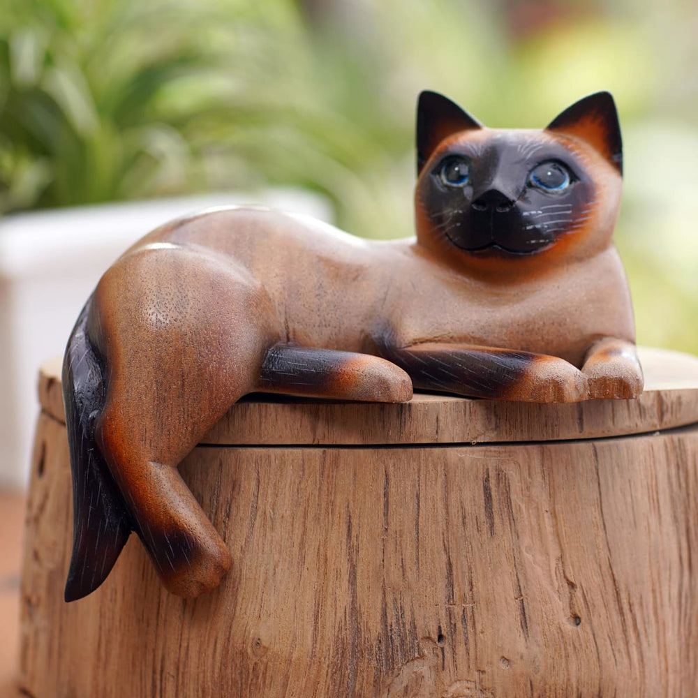 Novica Overthinking Cat Wood Statuette - By Novica