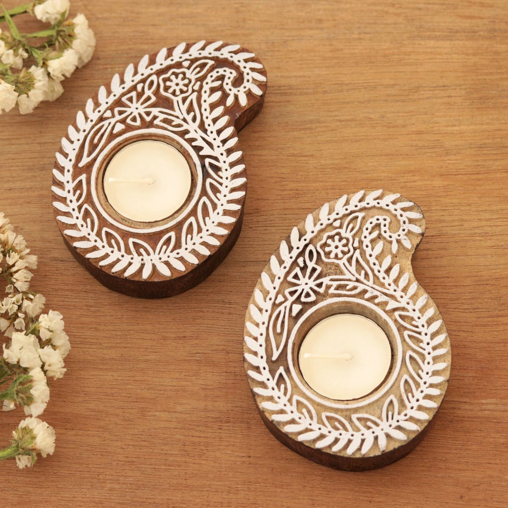 Novica Paisley Glow Wood Tealight Candle Holders (pair) - By Novica