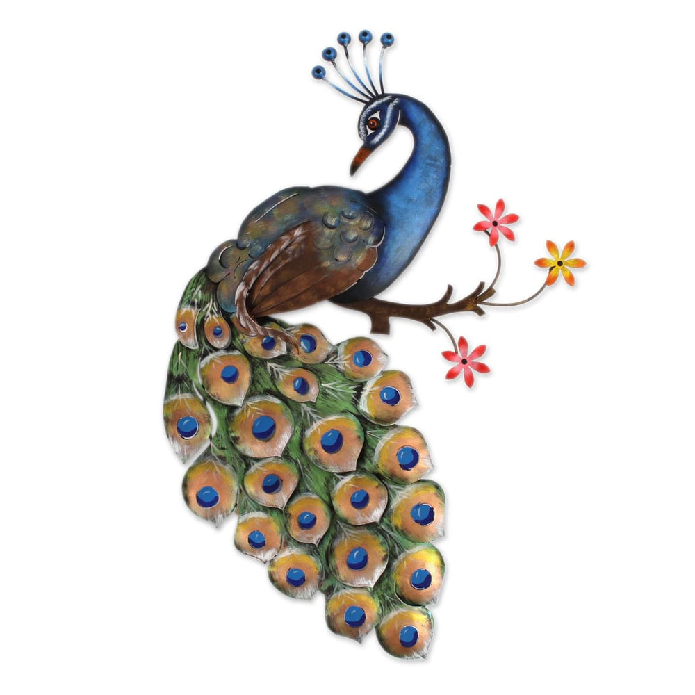 Novica Peacock And Flowers Steel Wall Sculpture - By Novica