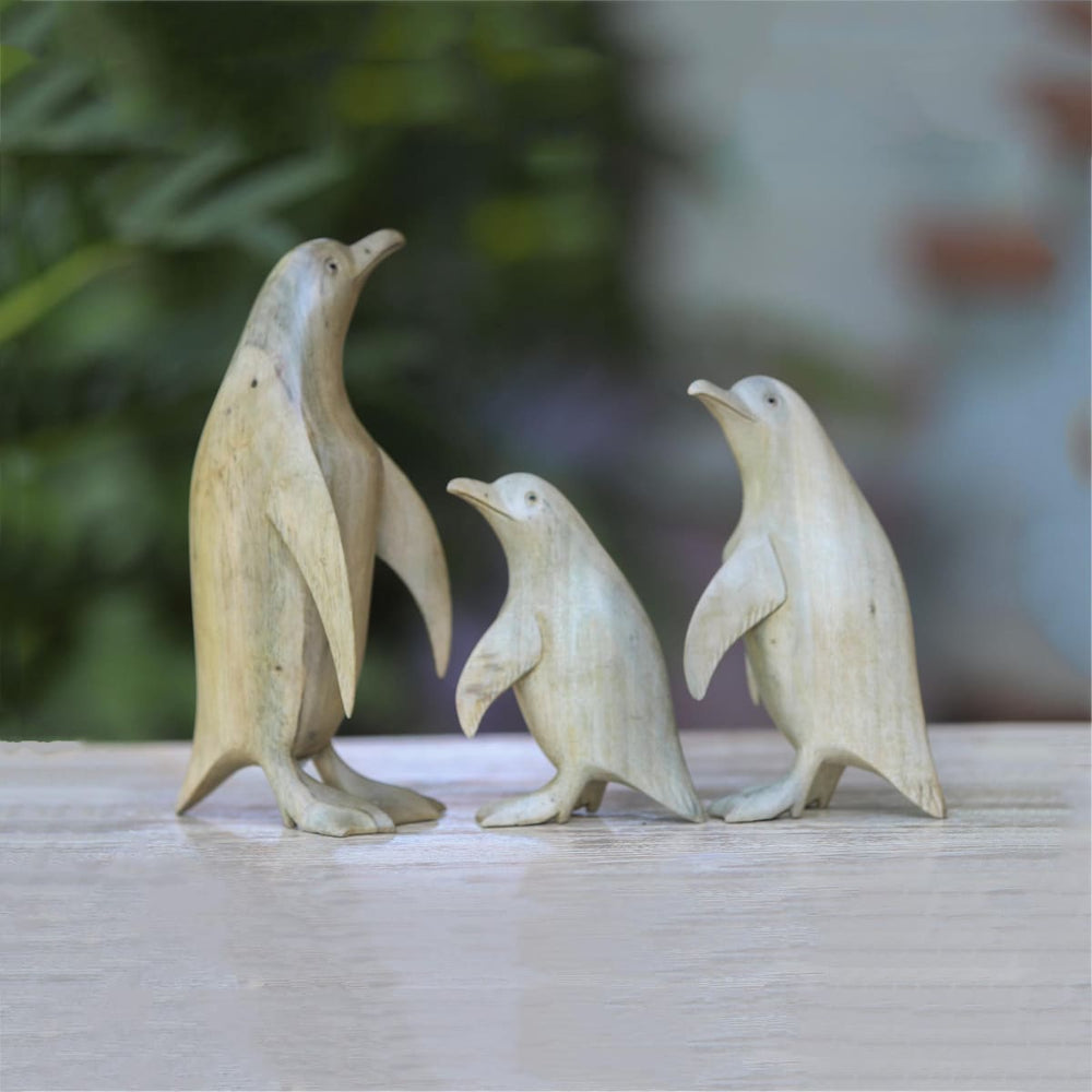 Novica Penguin Family Wood Sculptures (set Of 3) - By Novica