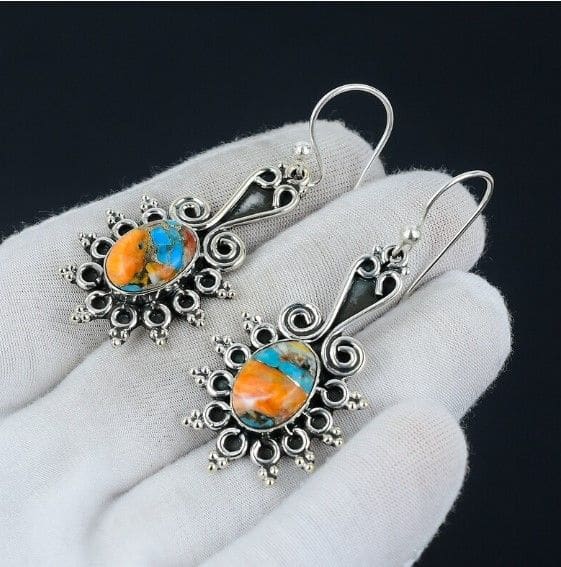 Oyster Copper Turquoise Oval Stone Solid 925 Sterling Silver Earrings - By Aayesha Craft