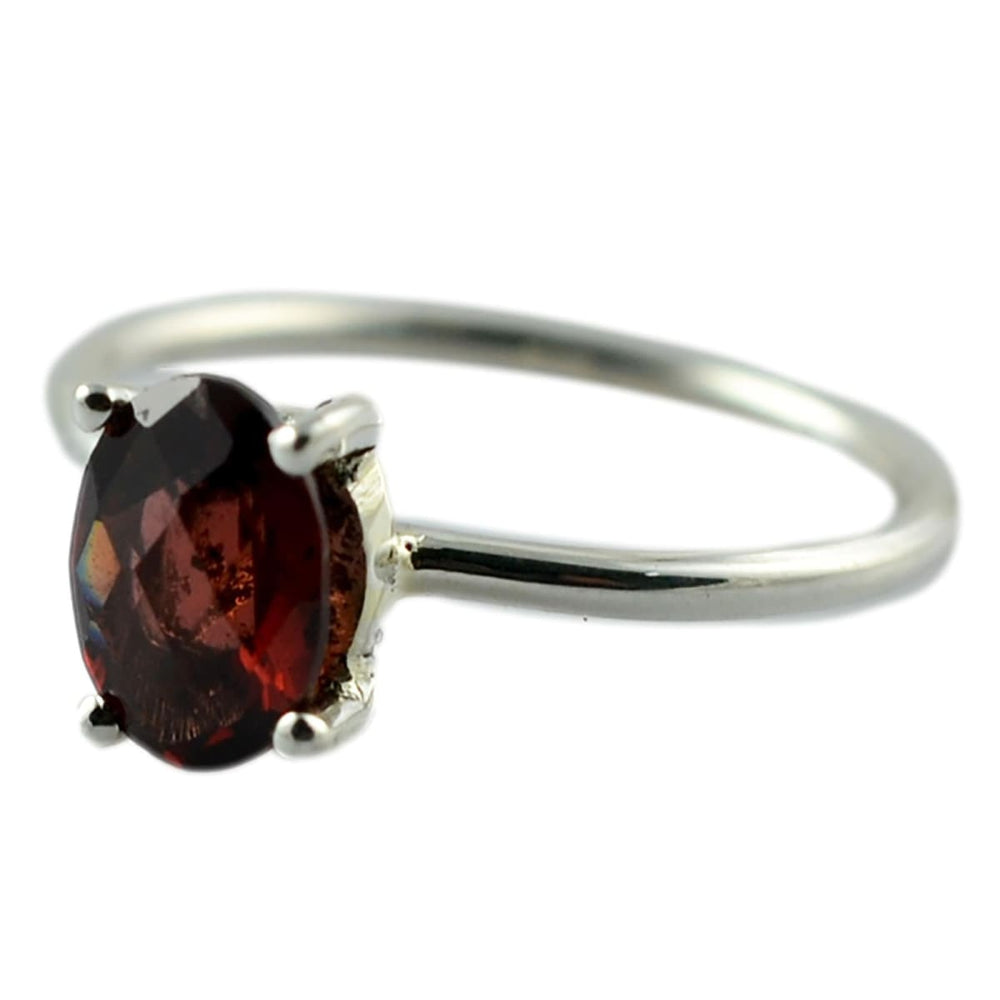 Pure 92.5 Solid Sterling Silver Midi Solitaire Ring Studded With Genuine Garnet Checker Oval - By Navyacraft