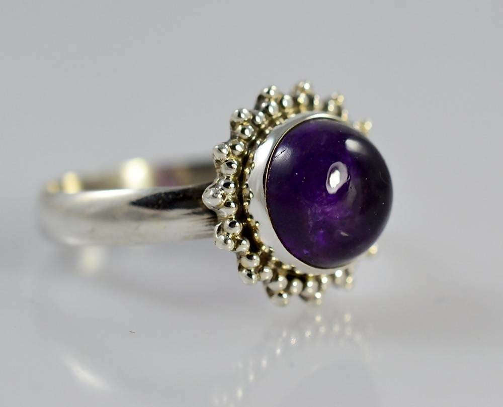 Pure 92.5 Solid Sterling Silver Ring Studded With Genuine Amethyst Round - By Navyacraft