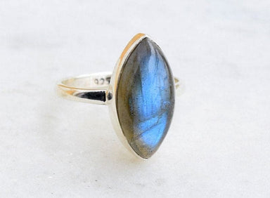 Pure 92.5 Solid Sterling Silver Ring Studded With Genuine Labradorite Marquise - By Navyacraft