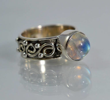 Pure 92.5 Solid Sterling Silver Ring Studded With Genuine Rainbow Moonstone Round Nickel Free - By Navyacraft